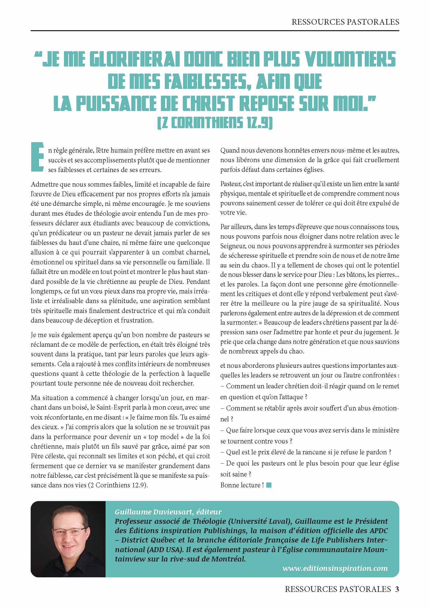 Les leaders chrétiens et leur vie personnelle | Ressources pastorales numéro 19